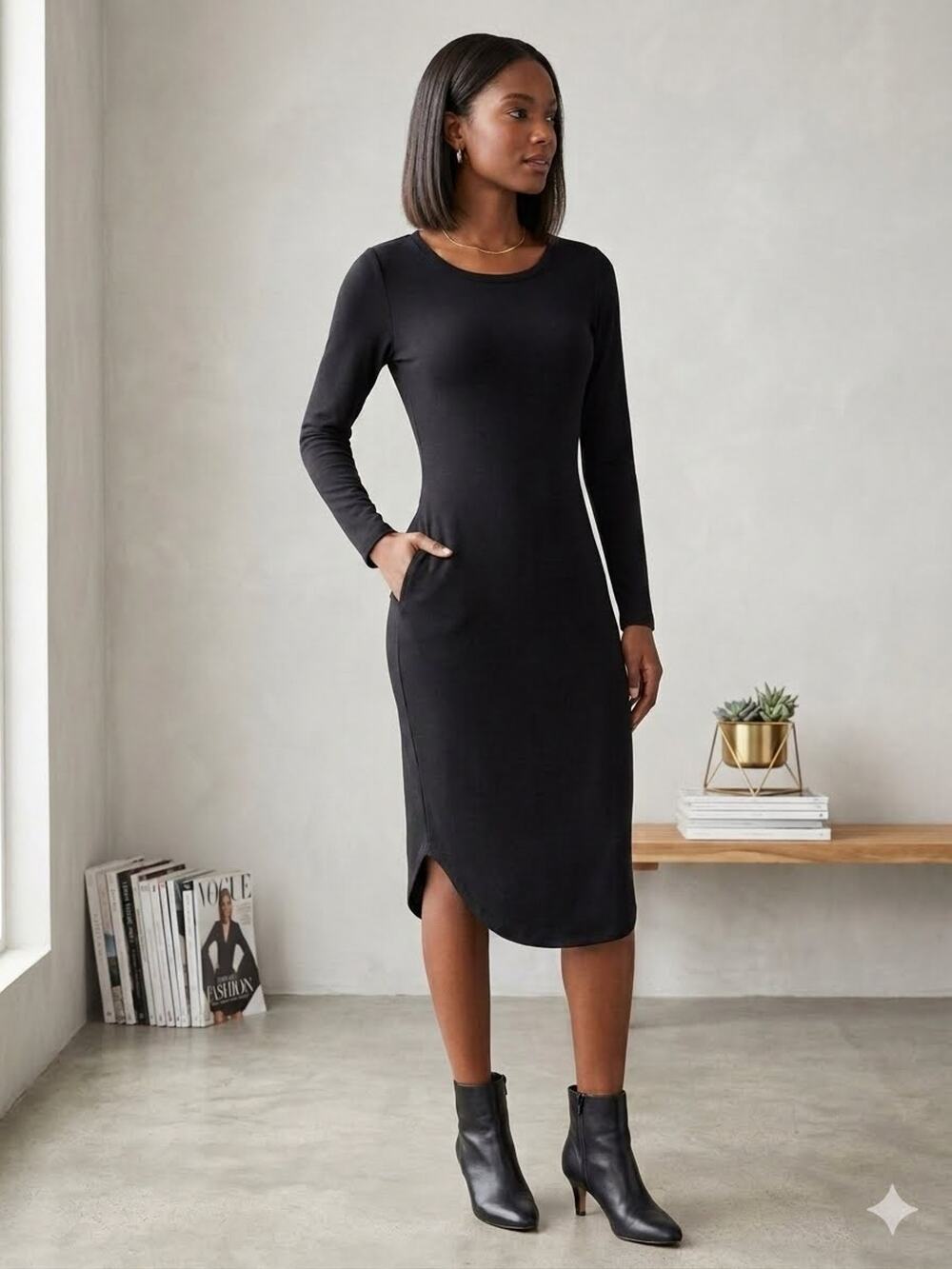 Chaser Black Cozy Knit Long Sleeve Shirttail Midi T-Shirt Dress NWT Small